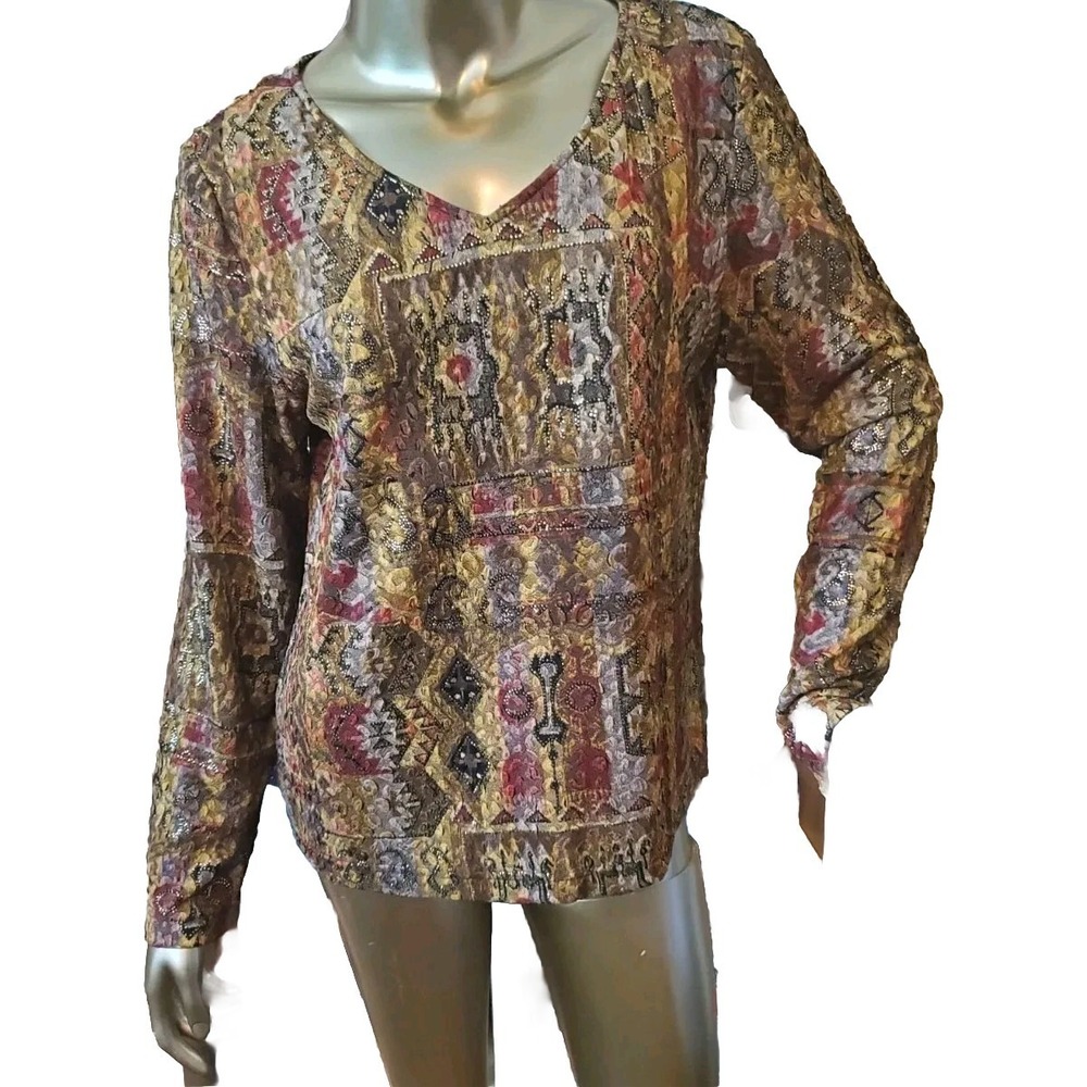 coldwater creek top Sheer Longsleeve Woven Gold, Bronze, Evening Wear. Size M